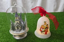 Christmas Church under Glass & Illuminated Christmas Bell w/ Children Caroling