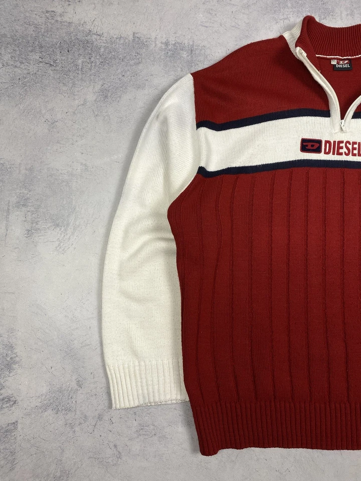 Vintage 90s Diesel Big Logo 1/4 Zip Knit Sweater Jumper Y2K Red  Men's Size XL - Image 2 of 4