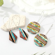 Layered Wooden  Resin Dangling Earrings in Bright Multi-Color, 2 Styles