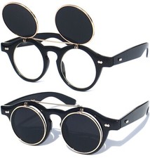 Flip Up Round Steampunk Retro Vintage Style Sunglasses and Cear Lens Shades
