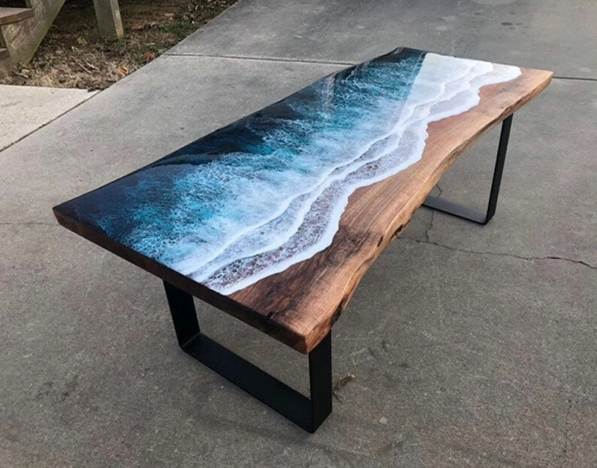 Blue and Black Epoxy Resin Custom Coffee Table with Glass Top