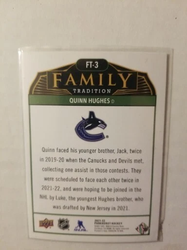 2021-22 Upper Deck (Parkhurst) "Family Traditions" Insert # FT-3 Quinn Hughes! - Image 2 of 2
