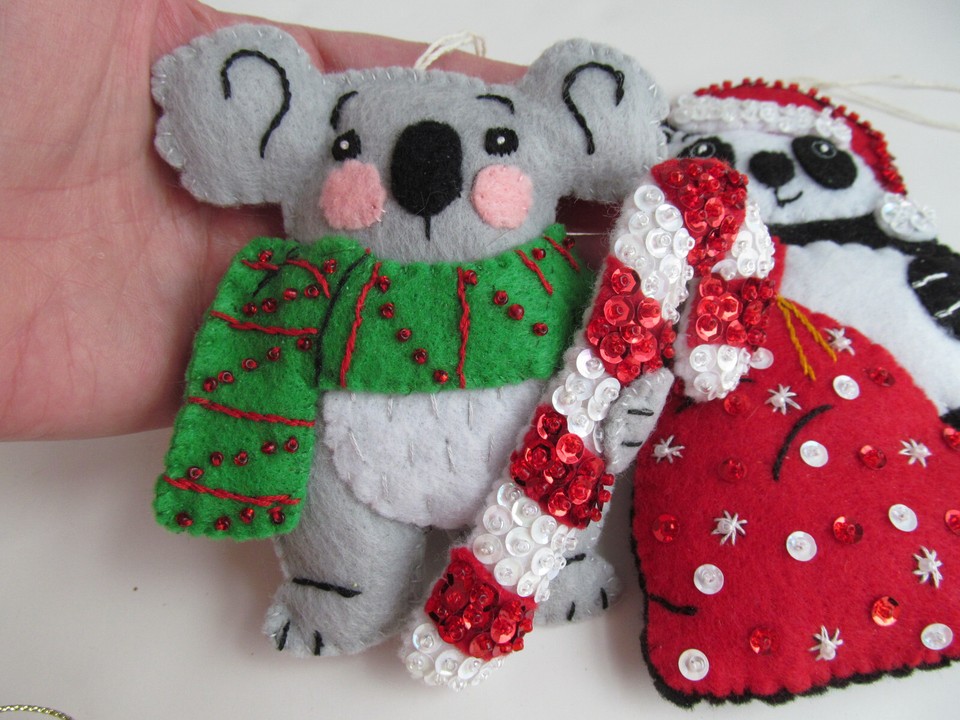 2 Mary Maxim Exclusive Felt Christmas Ornaments Panda Koala Bear