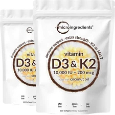 2 Pack Vitamin D3 10000 iu Plus K2 (MK-7) 200 mcg, 300 Virgin Coconut Oil