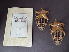 Vintage Lunch At The Ritz 1987 Gold Pink Enamel Huge Star Earrings Signed