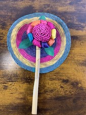 Bamboo And Husk 14 In.Hand Fan Flower Design Purple/ Orange /Yellow/ Pink/ Green