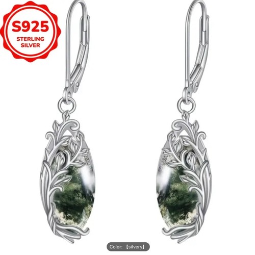 925 Sterling Silver Shiny Moss Agate Vine Drop Earrings Woman Girl Gift Box Pair - Picture 7 of 11