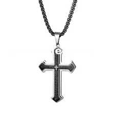 Mens Cross Pendant Necklace Stainless Steel Multilayer Lords Prayer Chain 22"