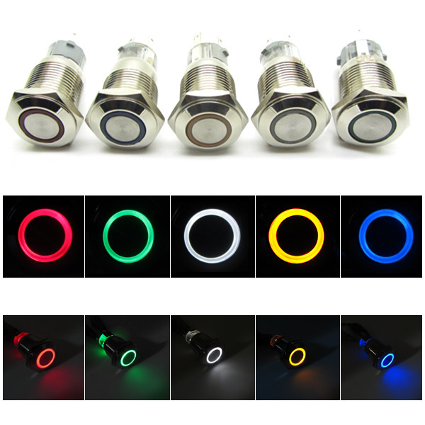Push Button Switch Ring LED Light Momentary Latching Waterproof 16mm 12V 24V 220