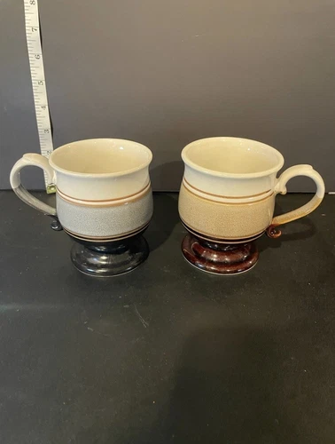 Rare Vintage Set Of 2 Stoneware Pottery Footed Brown And Blue Clay Mugs