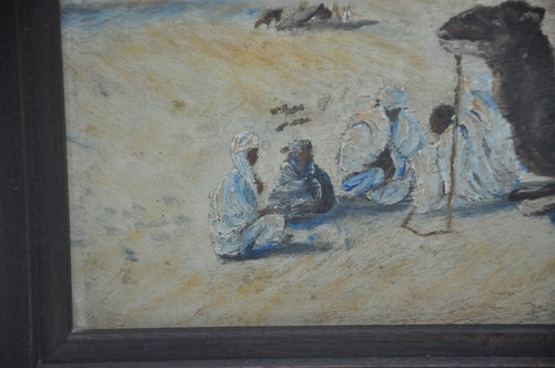 Ancienne peinture huile s bois, orientaliste bédouin dromadaire désert non signé - Imagen 7 de 9