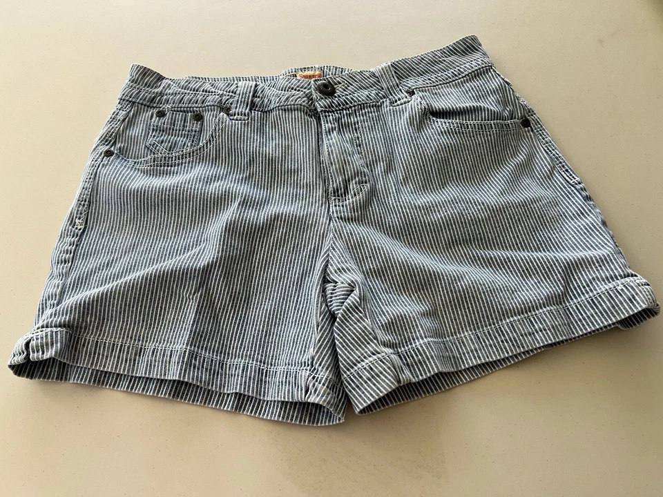 Pantalones Cortos Para Mujer Y2K Glory Desteñidos Rayas Azules y Blancas 29” Cintura Mamá Pantalones Cortos De Colección  Foto 4 de 4