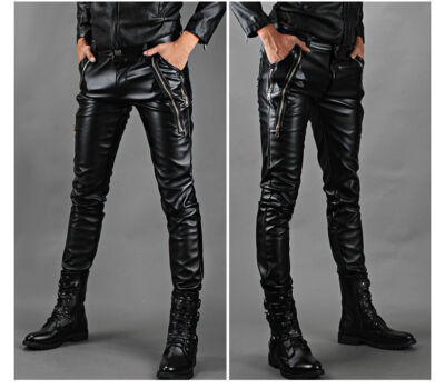 Mens Punk Zipper Motorcycle Leather Pants Skinny Slim Lace Up