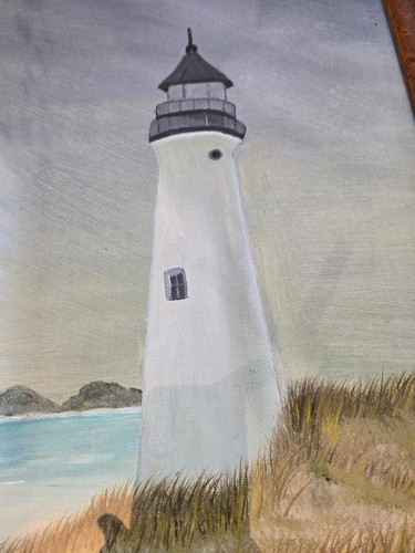 Vintage Wood Framed Artwork Painting Lighthouse Beach 15x12 - Picture 2 of 4