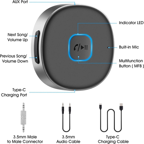 Bluetooth Receiver, Wireless Portable 3.5Mm Aux Car Adapter, Bluetooth 5.0 Wire - Afbeelding 2 van 12