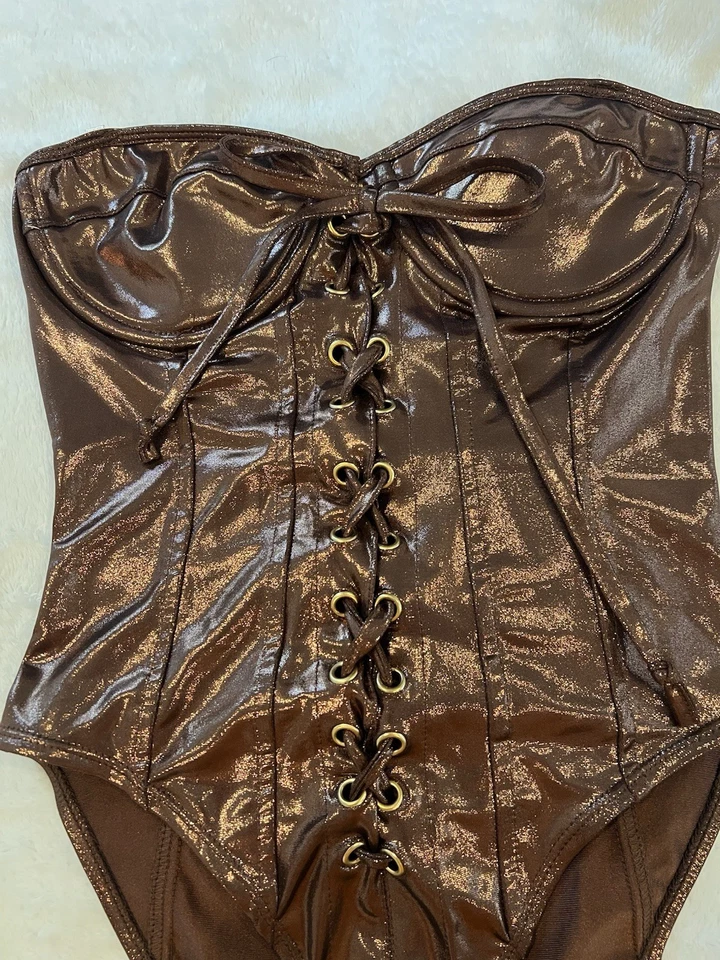 Forplay S/M Corsé Metálico Marrón Con Cordones 1 Pieza Traje de Baño Sin Tirantes Cremallera Trasera Foto 2 de 4