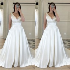 White Satin Wedding Dresses Sleeveless Ivory Elegant V Neck A Line Bridal Gowns