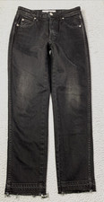 AMO Jeans Womens Size 26 Button Fly Raw Hem Black Lightly Distressed Made In USA