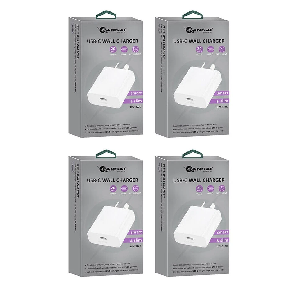 4PK Sansai Low Profile USB-C Wall Charger for Phone & Tablet PD20W White