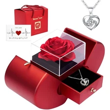 Valentines Preserved Red Rose in Heart Box with 925 Sterling Silver Necklace,...