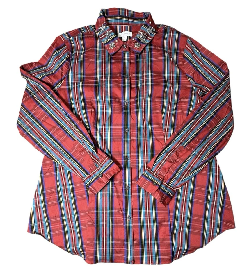 Camisa a Cuadros Charter Club Estrás Tartán 16 Botones Rojos Vacaciones de Navidad Foto 2 de 4