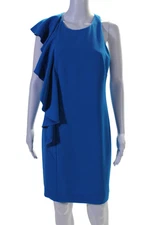 Trina Turk Womens Round Neck Sleeveless Zipped Ruffled Midi Dress Blue Size 6