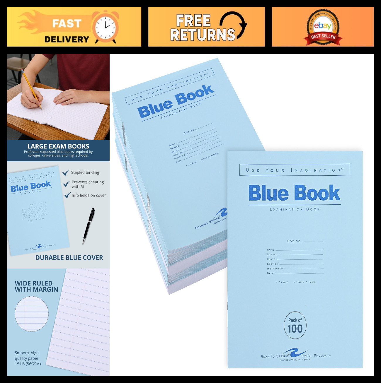 100 Exam Blue Books - 11"x8.5", Wide-Ruled, 4 Sheets/8 Pages, School Test Bookle