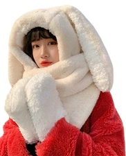 Women Cute Rabbit Ear Plush Beanie Cap Outdoor Fluffy Bunny Hat Scarf Set Ind...