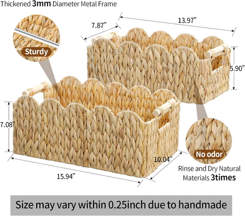 Scalloped Edge Wicker Basket,Hand-Woven Rattan Baskets with Wooden Handles,Natur - Picture 3 of 9