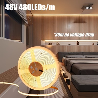 DC 48V COB LED Strip Light   480 LEDs/m, 30m Continuous Run Adhesive Backing