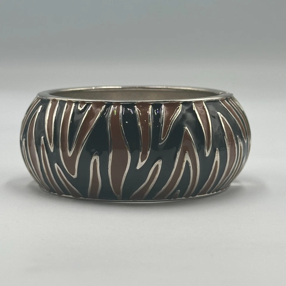 Brazalete Abrazadera con Bisagras Tono Plata Negro Marrón Esmalte Estampado de Cebra Declaración Foto 2 de 4