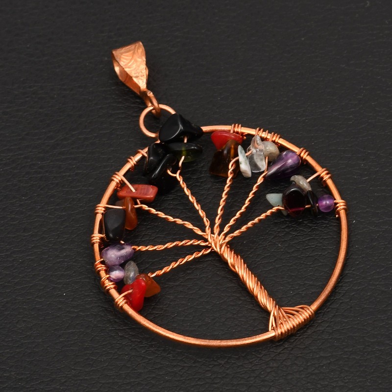 Tree Of Life Multi Gemstone Handmade Copper Wire Pendant Jewelry 2.76" AP-37972