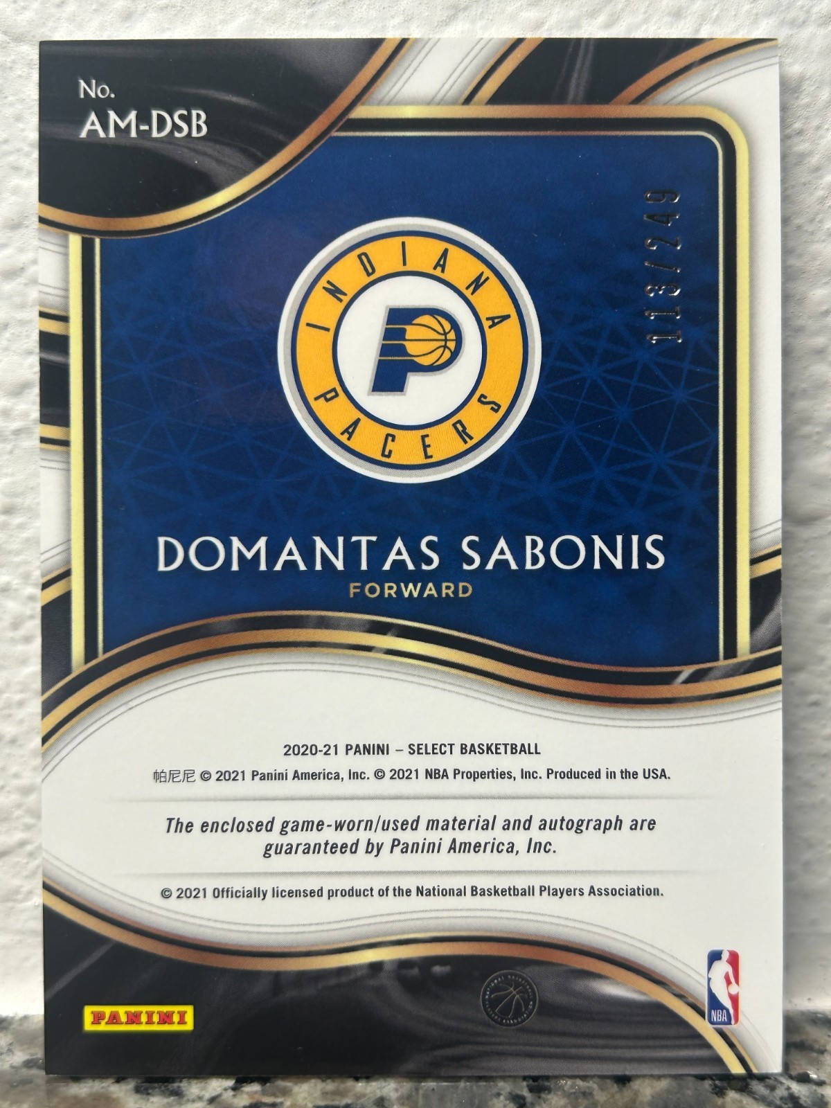 2020-21 Panini Select Domantas Sabonis GAME USED PATCH AUTO /249 SSP PACERS view 2