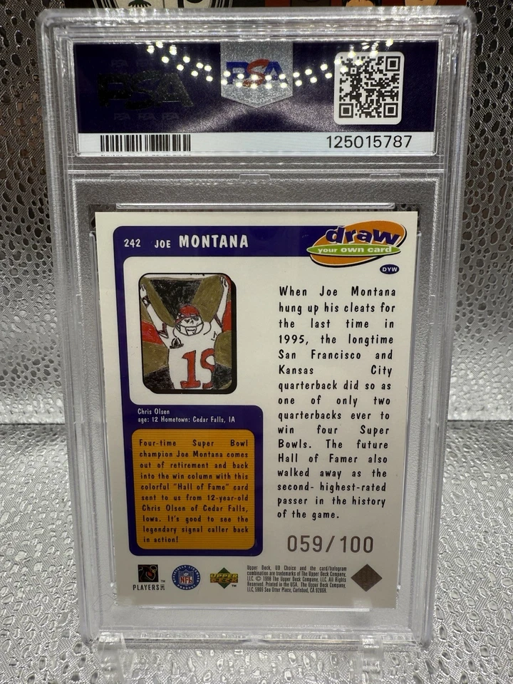 1998 UD Choice #242 Joe Montana Prime Choice Reserve SP /100 49’ers HOF POP 1 - Image 2 of 4