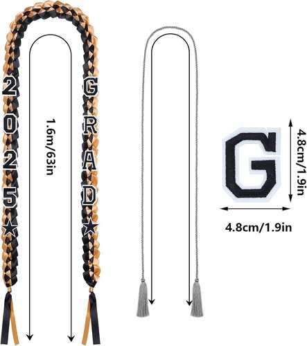 2025 Grad Graduation Ribbon Lei Braided Necklace Gift Black Gold - Picture 2 of 7