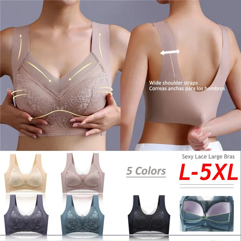 Lace Bralette Seamless Push Up Bra Ice Silk Wireless Plus Size L-5XL 1 Pc - Image 2 of 4