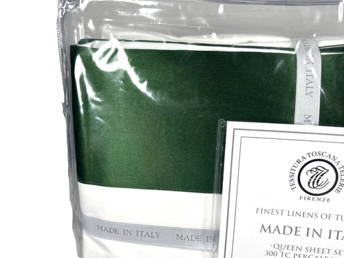 Tessitura Toscana Telerie Queen Sheet Set 100% Cotton Percale w/ Silk Cuff Green - Picture 4 of 15