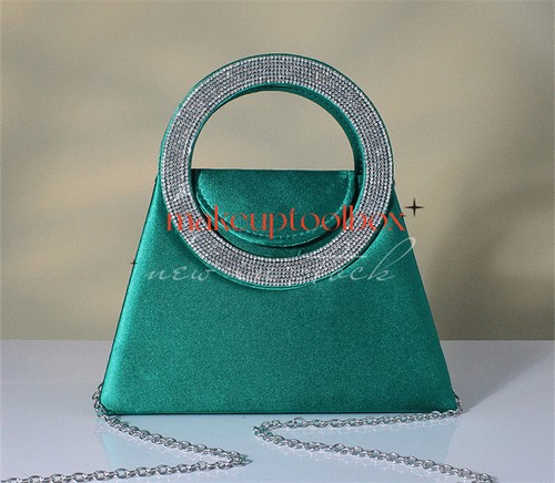 Satin Diamante Round Handle Ttrapezoid Party Evening Wedding Chain Clutch Bag C2 - Picture 17 of 22