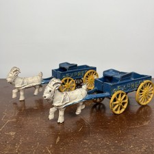 Set Of 2 Vintage Cast Iron Goat Ram Pulling Express Wagon Toy Blue Yellow Used