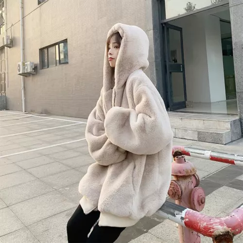 Korean Loose Furry Coats Winter Faux fur Thick Hooded Jackets Zipper Outwear Sz