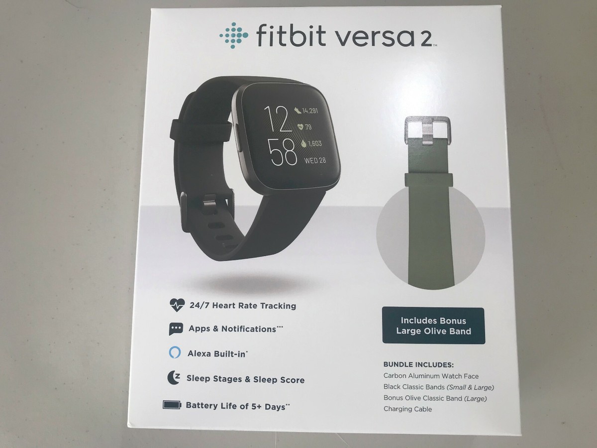 Fitbit Versa 2 Activity Tracker -Black Carbon + Olive Band Bundle 