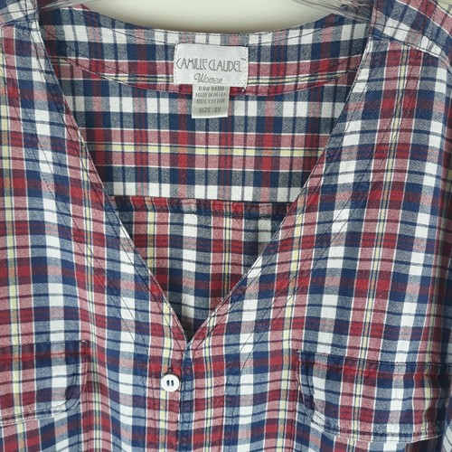 Camille Claudel Top Womens 2X Red White Blue Plaid V Neck Pull Over Short Sleev - Picture 3 of 11