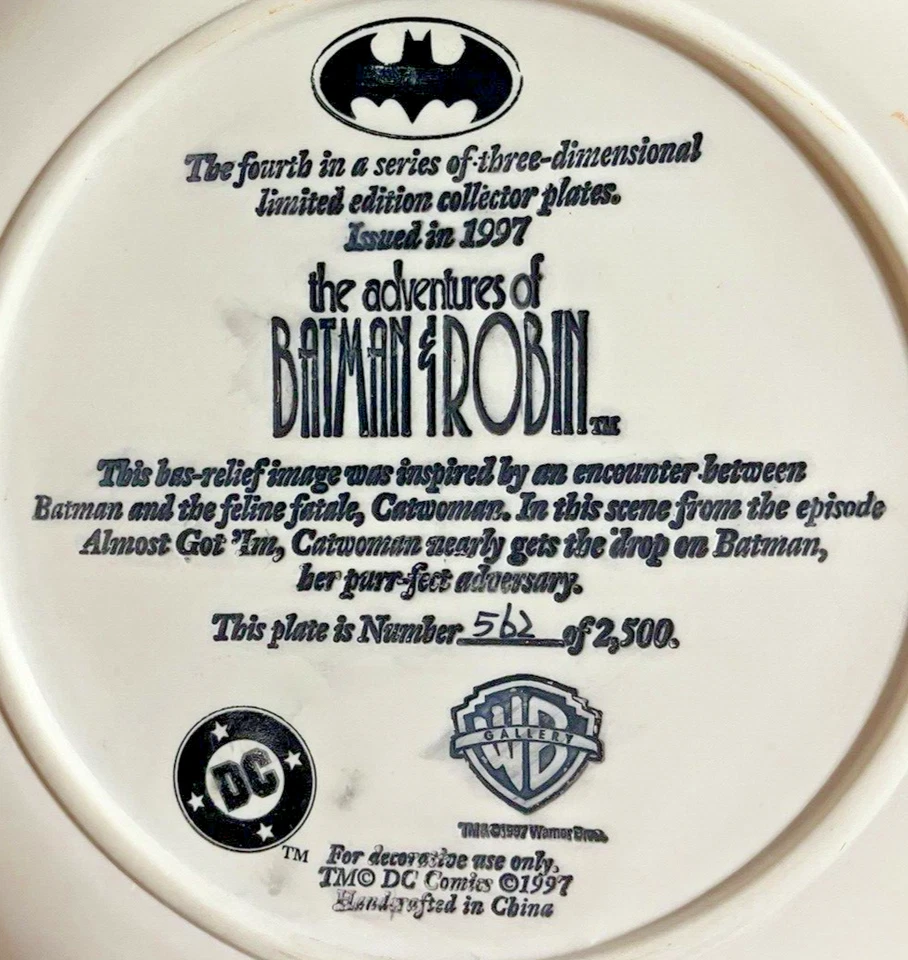 Warner Bros~ 1997~Batman & Catwoman~Placa de coleccionista 3D~#562/2500~Edición limitada~Sin caja Foto 2 de 4