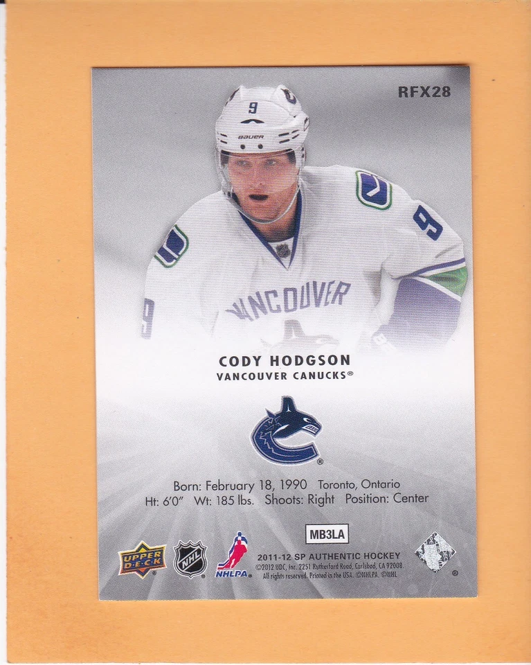 CODY HODGSON 2011-12 SP AUTHENTIC HOLOVIEW FX #RFX28 VANCOUVER CANUCKS NM-MT - Image 2 of 2