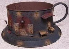 Flower Pot Blue Coffee Mug Street Scene rustic weathered metal planter NEW 6"