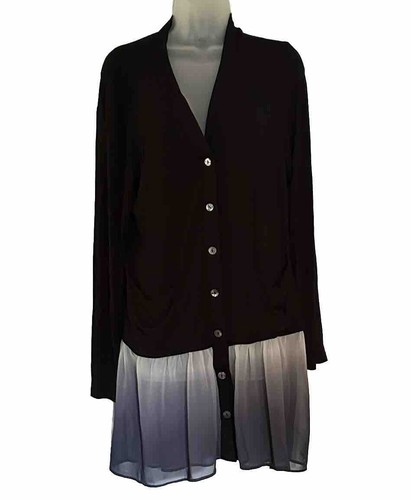 LOGO schwarzes Cardigan Kleid Knöpfe Chiffon Ombré Rüschen Taschen fließend - Bild 1 von 6