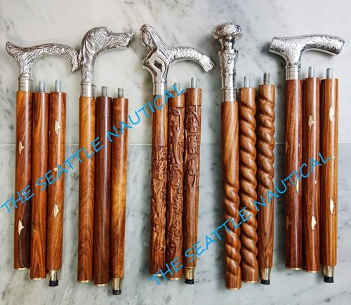 5er Set antiker Gehstock Holzstock massiv Messing verschiedene Kopfgriffe - Bild 4 von 4