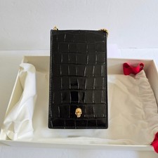 Alexander McQueen Skull Croc-Embossed Leather Phone-Case-On-Chain Black