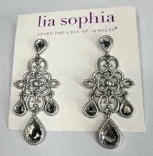 NEW Lia Sophia "Ethereal" Etched Design Silver Earrings w/Cut Crystal Stones