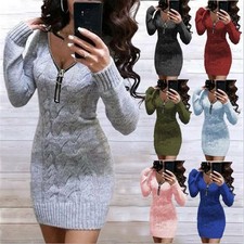 Women Mini Sexy Dresses Dress Jumper Tops V-Neck Women Sweater Knitted*